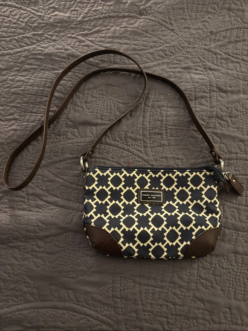Tommy Hilfiger Navy & Cream Geometric Crossbody with Brown Strap